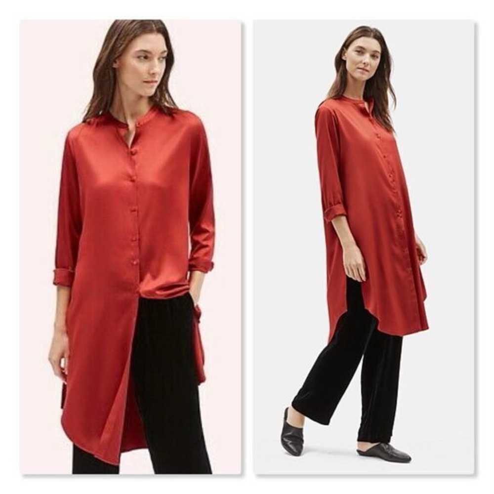EILEEN FISHER Mandarin Long Shirt S/P Serrano Red Satin Button Tunic R19GVM